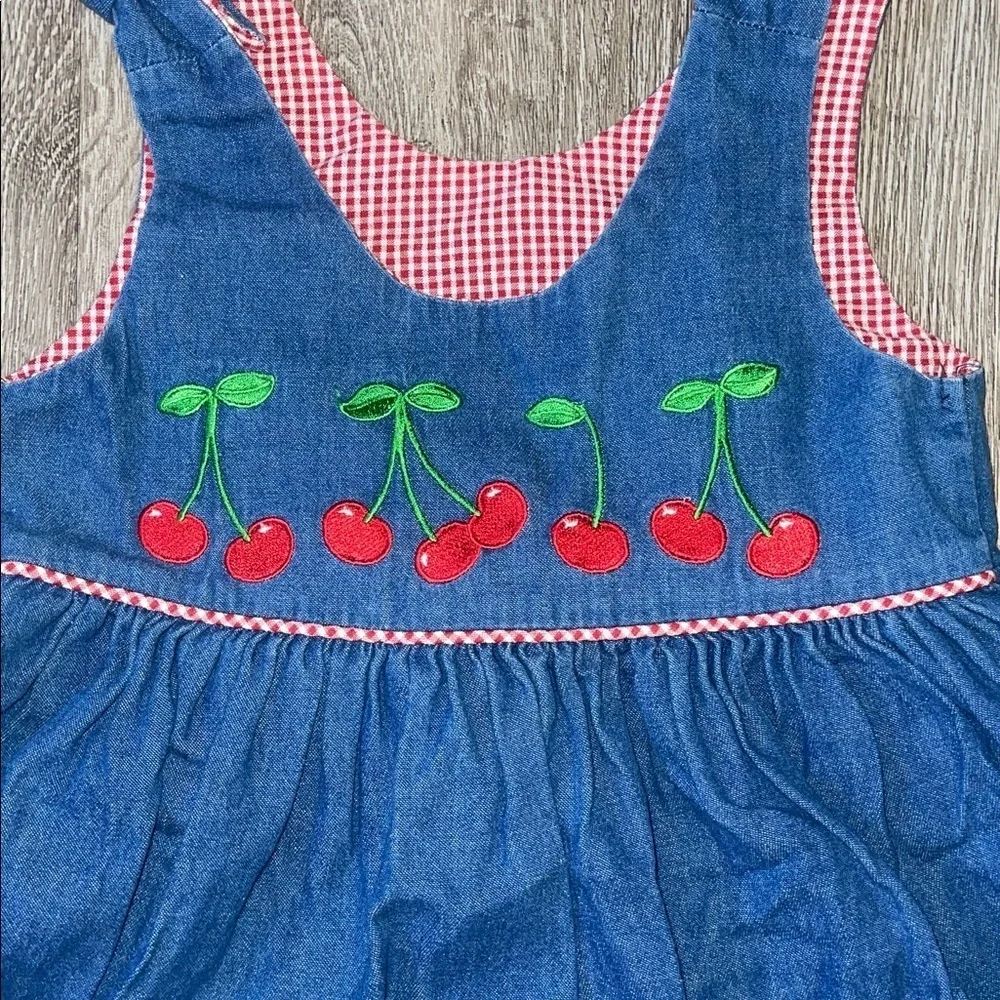 Vintage 90s Copper Key denim little girls dress cherries chambray size 5 gingham